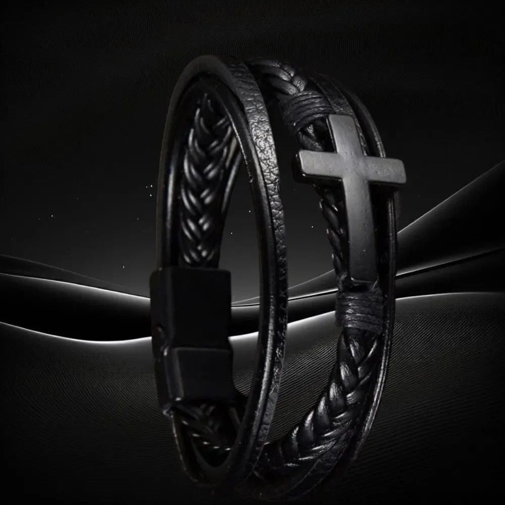 In Brown only Men’s Leather Cross Bracelet l 3-Strand l Magnetic Closure l New
